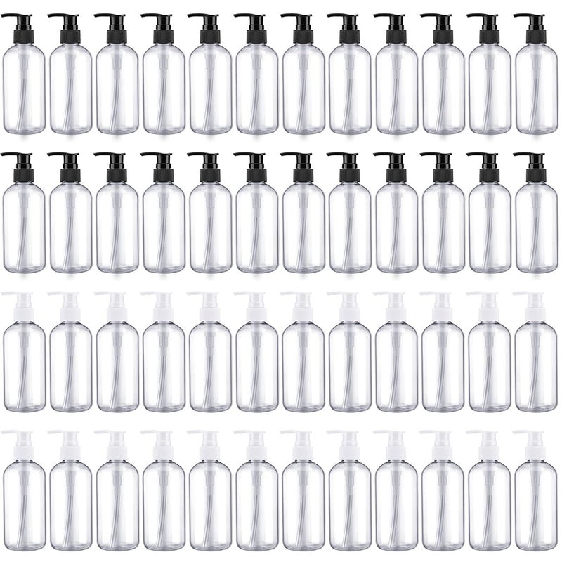 Eaasty 48 قطعة موزع زجاجة مضخة لوشن قابلة لإعادة التعبئة شامبو بلسم موزع صابون يدوي بلاستيكي فارغ 8 أونصة/250 مل شفاف قابل لإعادة الاستخدام حاوية غسول الجسم بالجملة (شفاف، أبيض، أسود) - Image 1